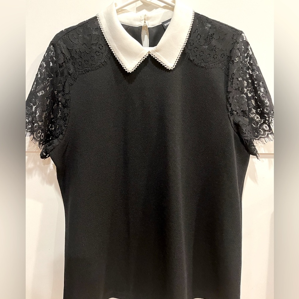 Karl Lagerfeld Black Top with White Pearl-Trim Collar